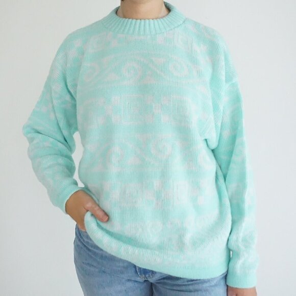 Vintage Cabin Creek Teal with White Aztec Print Knit Crewneck Sweater L - Picture 1 of 9